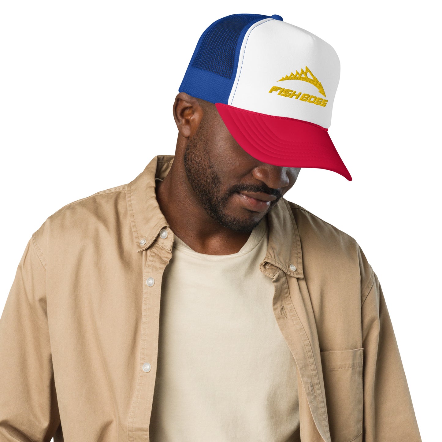 Fish Boss Foam Trucker Hat - Red White Blue Gold / Black